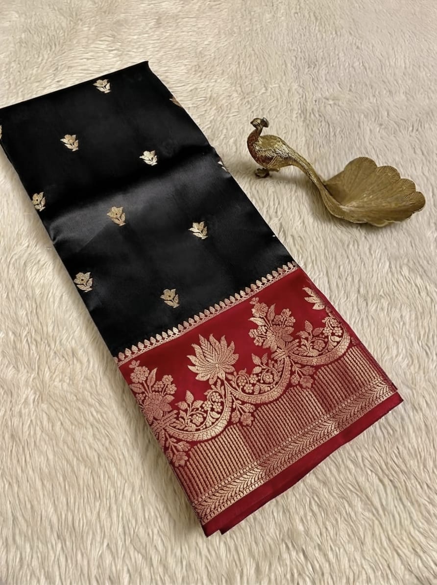 Black & Red Banarasi Semi Silk Saree with Rich Floral Zari Border