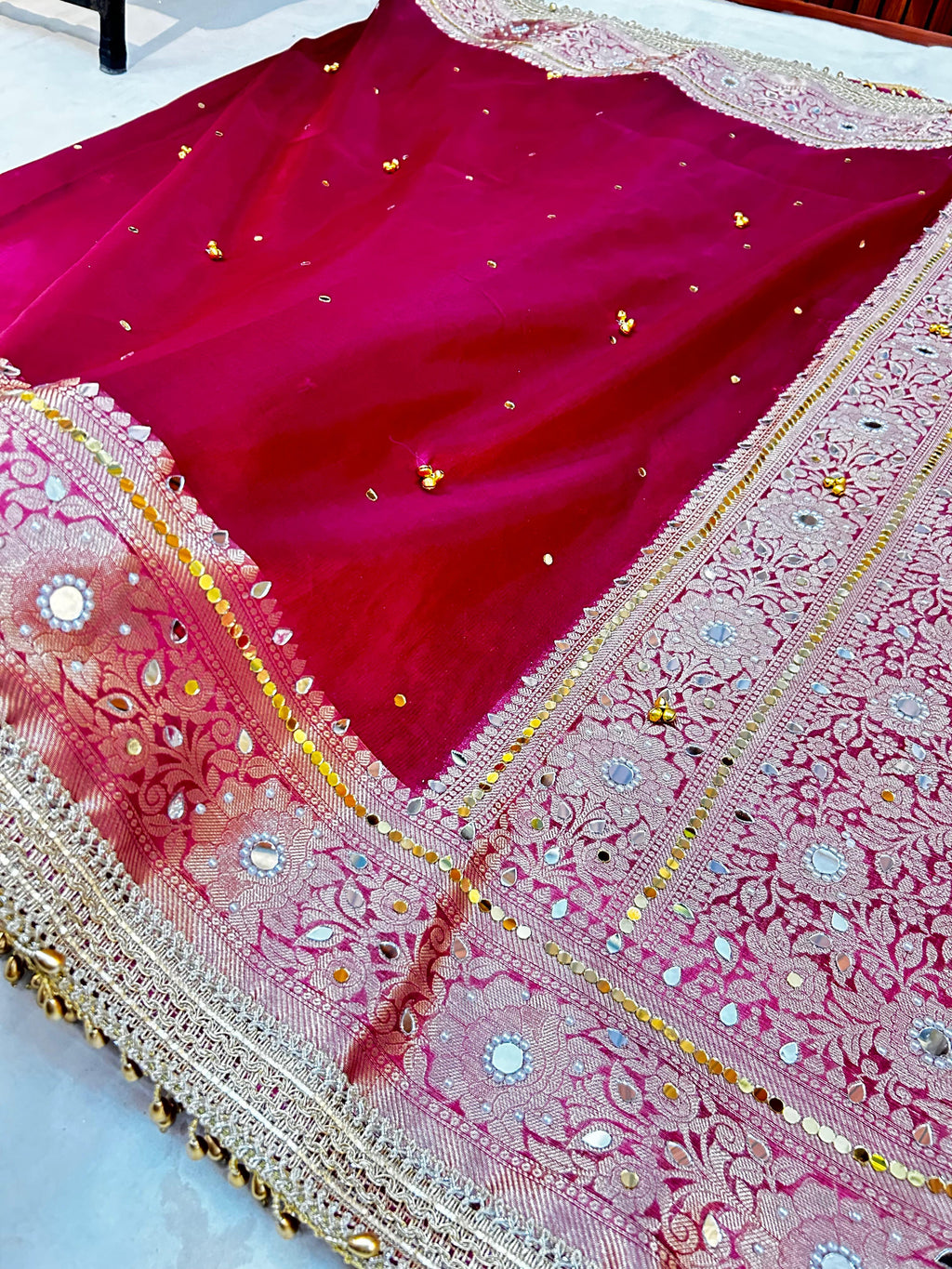 Premium Rani Banarasi Ghungroo Saree with All-Over Mirror Work, Attached Designer Lace & Golden Tassels