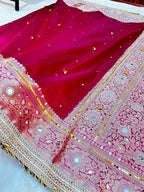 Premium Rani Banarasi Ghungroo Saree with All-Over Mirror Work, Attached Designer Lace & Golden Tassels