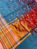 Royal Peacock Blue Banarasi Katan Silk Saree with Rich Zari Buti & Contrast Copper Gold Pall
