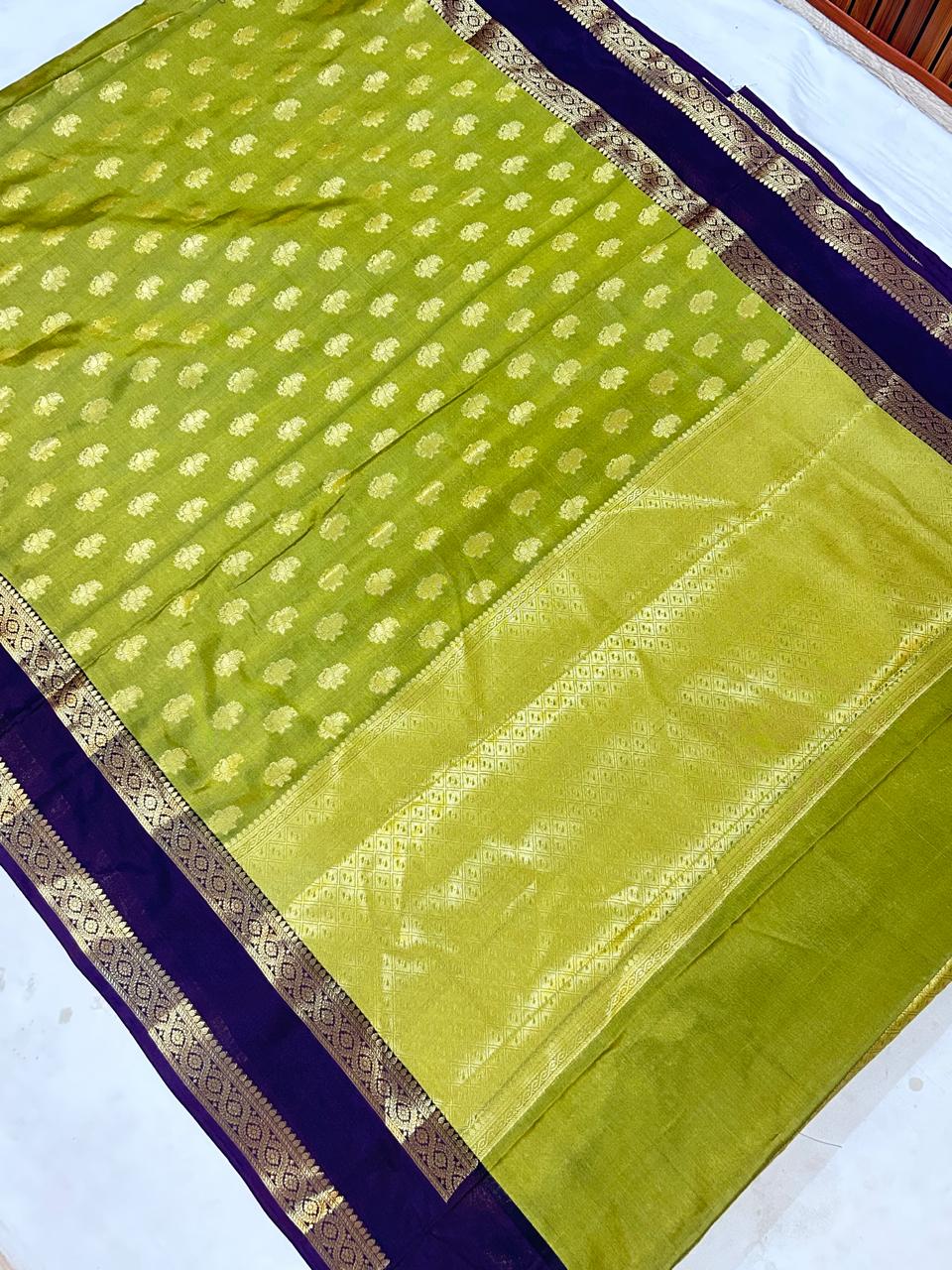 Royal Parrot Green Banarasi Katan Silk Saree with Purple Zari Border