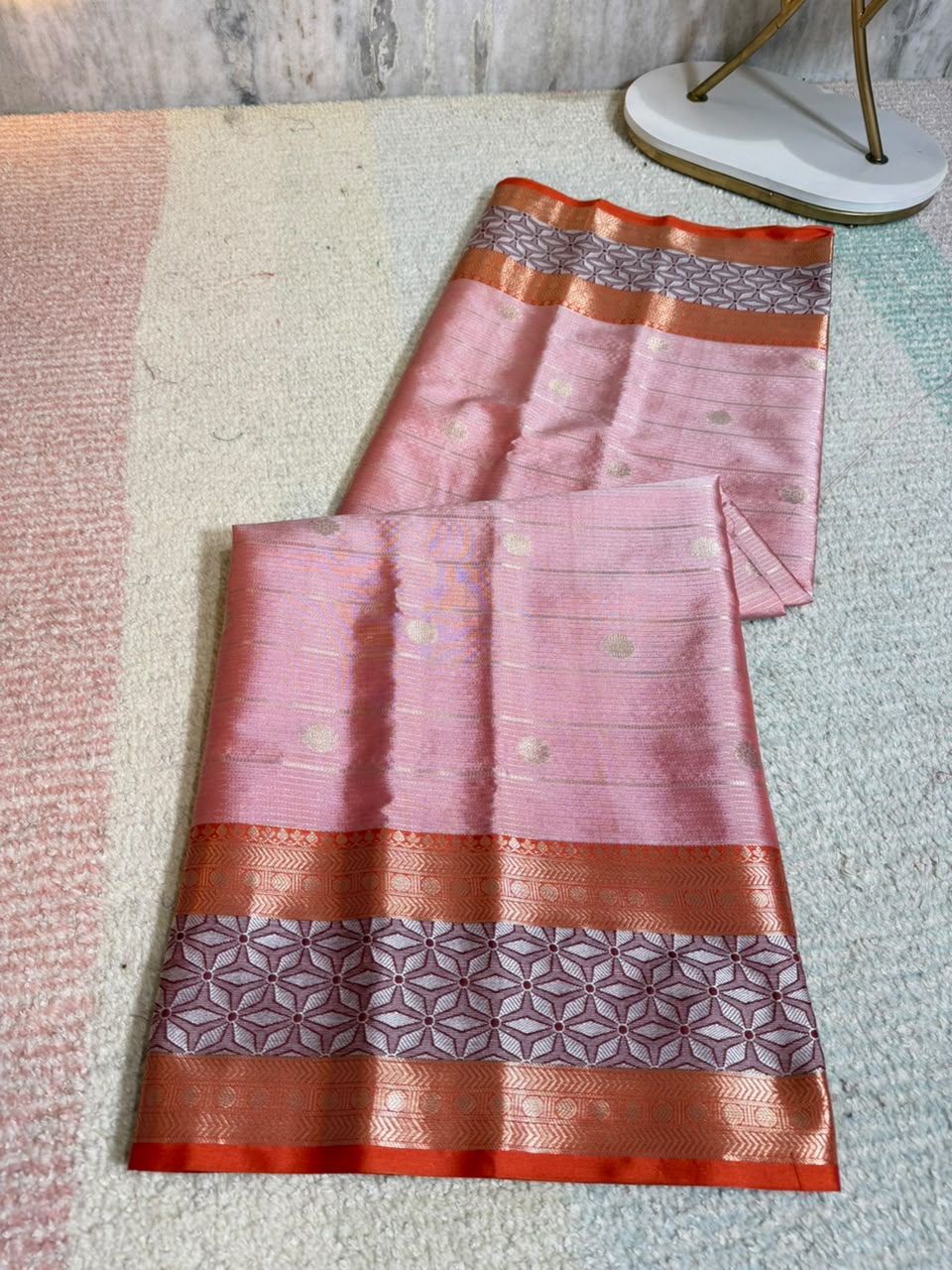 Elegant Peach Banarasi Katan Silk Saree with Copper-Golden Zari & Geometric Border