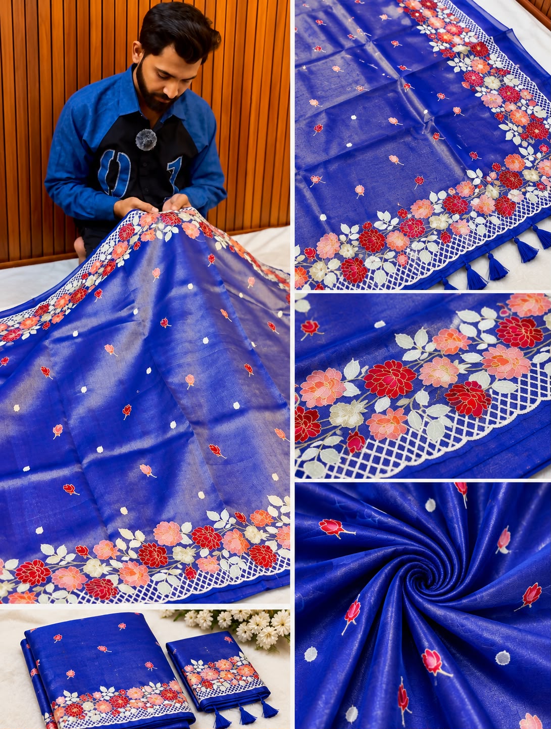 Royal Blue Banarasi Tissue Saree with Fancy Floral Embroidery & Designer Border