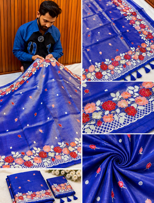 Royal Blue Banarasi Tissue Saree with Fancy Floral Embroidery & Designer Border