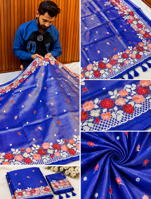 Royal Blue Banarasi Tissue Saree with Fancy Floral Embroidery & Designer Border