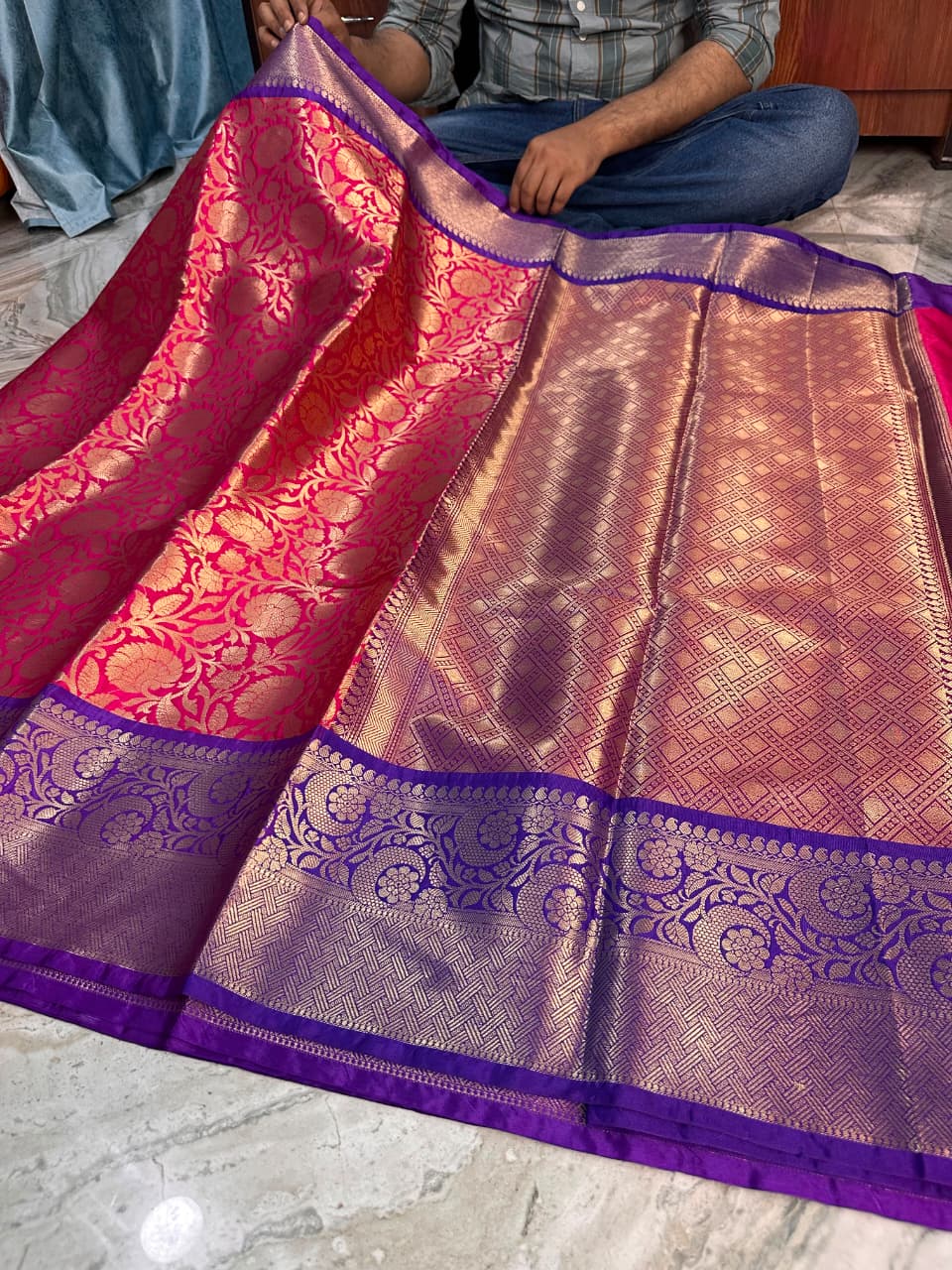 Royal Rani Pink & Purple Banarasi Katan Silk Saree | Premium Woven Zari Floral Design | Wedding & Festive Wear