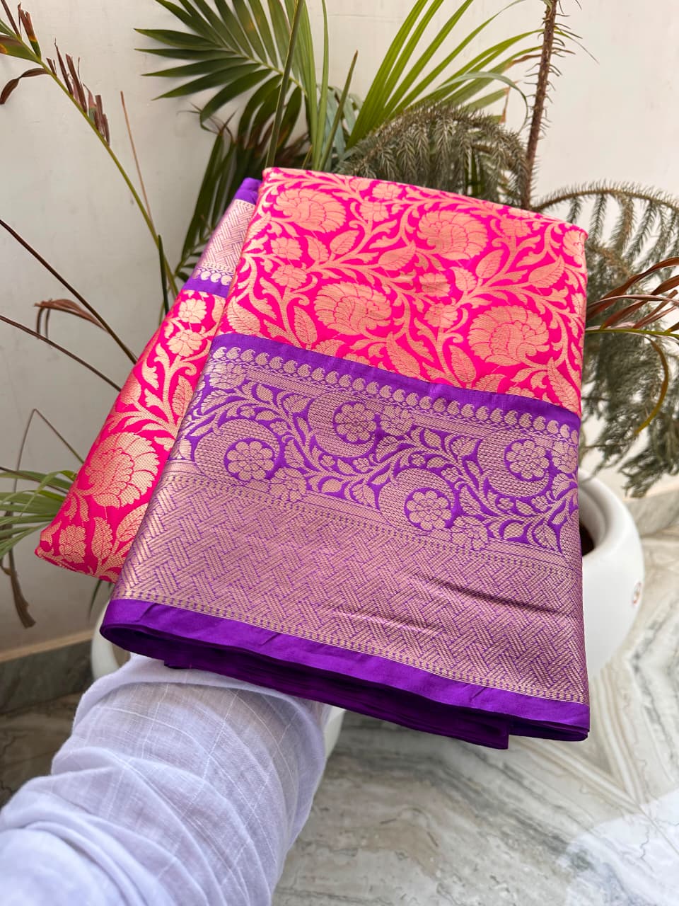 Royal Rani Pink & Purple Banarasi Katan Silk Saree | Premium Woven Zari Floral Design | Wedding & Festive Wear