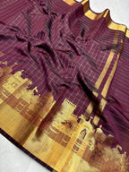 Royal Wine Purple Banarasi Katan Silk Saree | Premium Golden Zari Temple Border | Heritage Design Wedding Saree