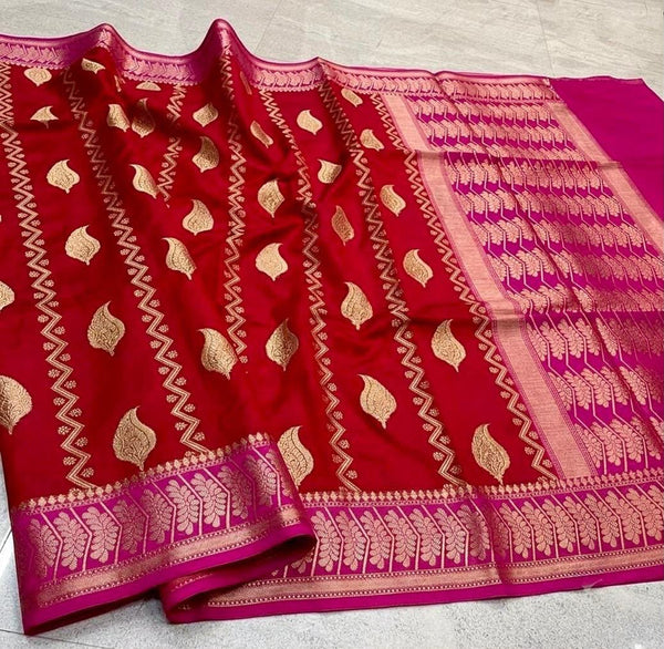 Elegant Maroon & Rani Pink Banarasi Semi Cotton Silk Saree | Traditional Woven Party Wear Saree
