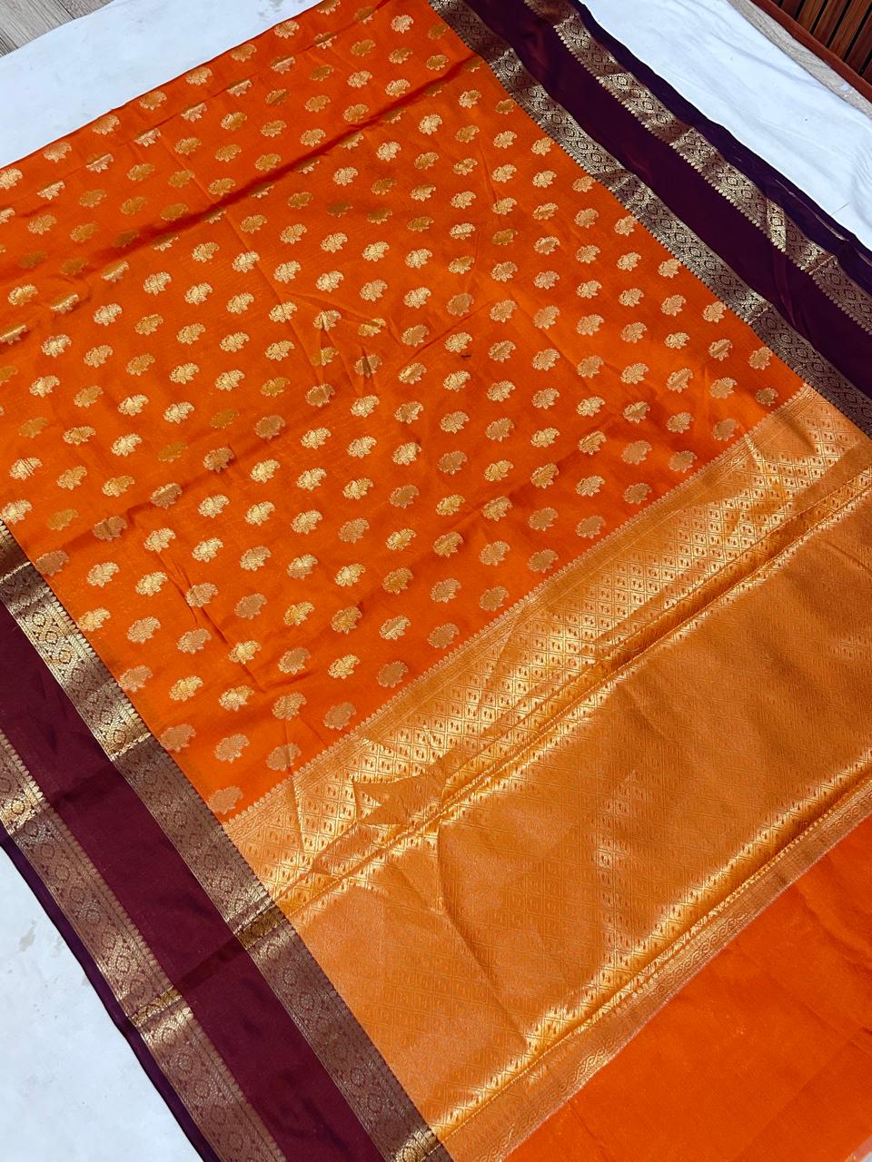 Royal Orange Banarasi Katan Silk Saree with Wine Purple Zari Border