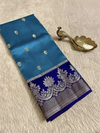 Aqua Blue Banarasi Semi Silk Saree with Rich Floral Zari Weaving
