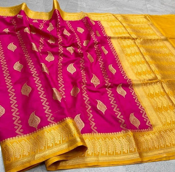 Elegant Rani Pink & Golden Yellow Banarasi Katan Semi Silk Saree | Traditional Woven Party Wear Saree
