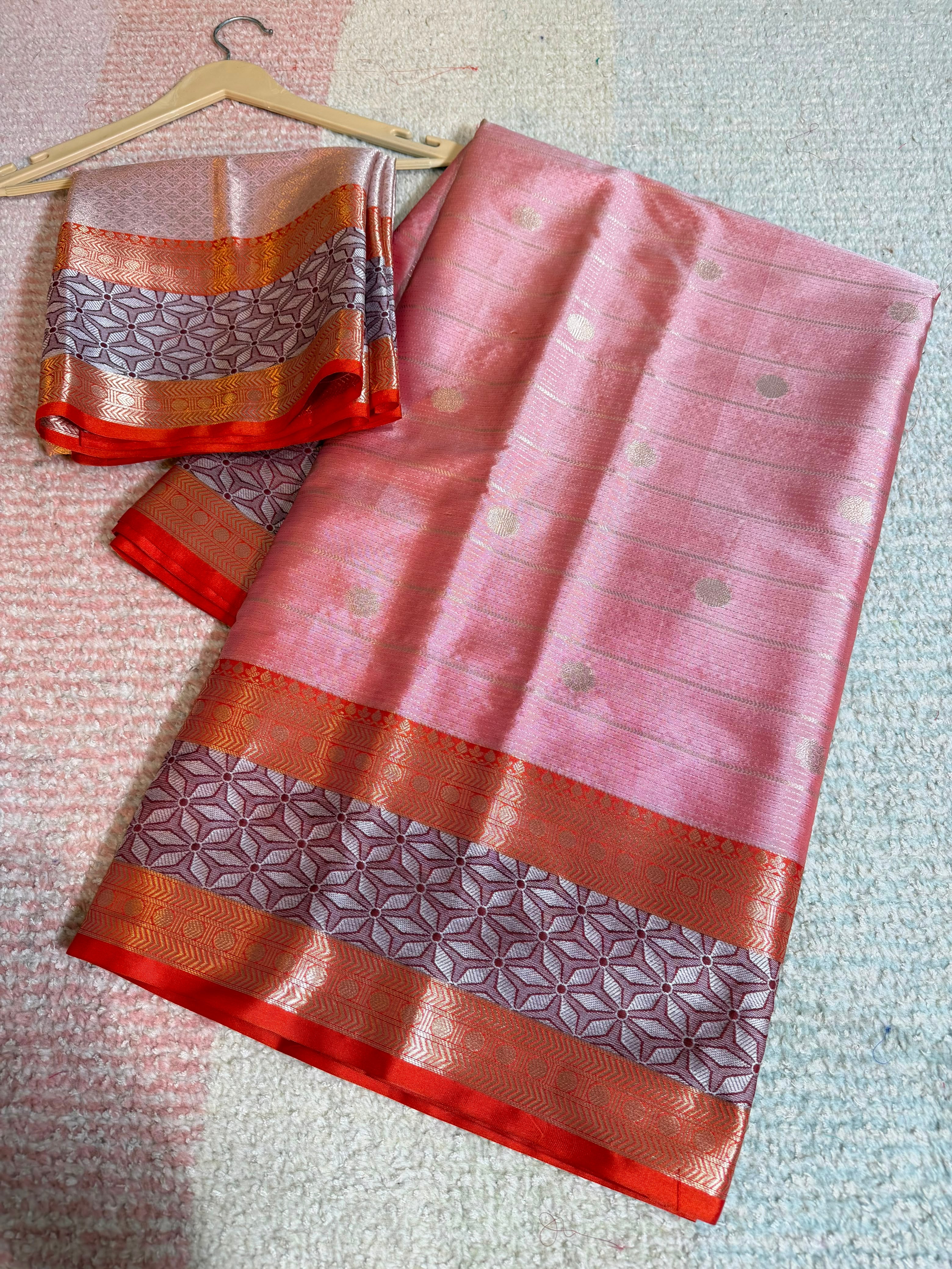 Elegant Peach Banarasi Katan Silk Saree with Copper-Golden Zari & Geometric Border