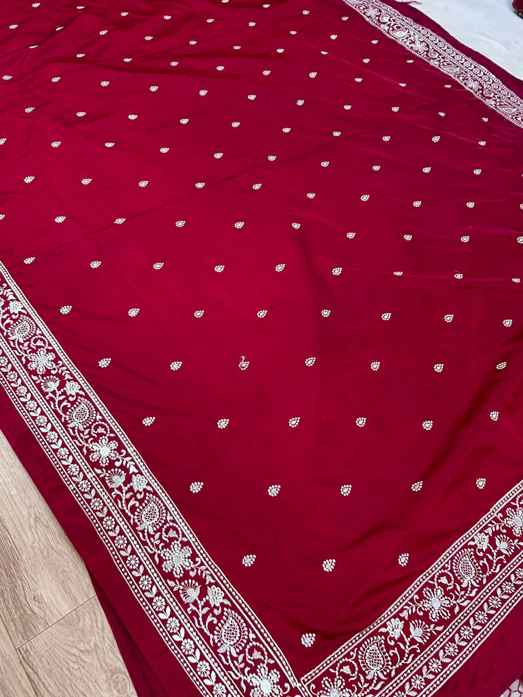 THE ELEGANT WINE MASHROO KATAN SILK SAREE WITH FANCY EMBROIDERY BORDER & DUAL TASSELS