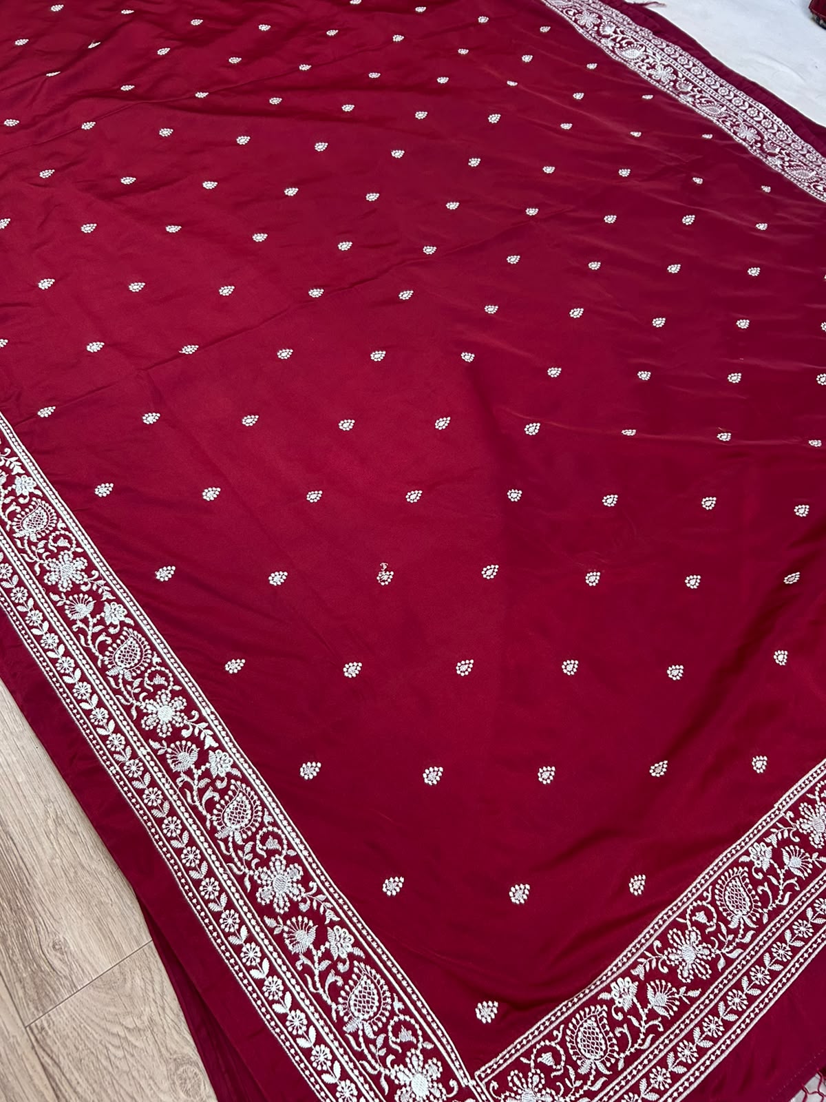 THE ELEGANT WINE MASHROO KATAN SILK SAREE WITH FANCY EMBROIDERY BORDER & DUAL TASSELS