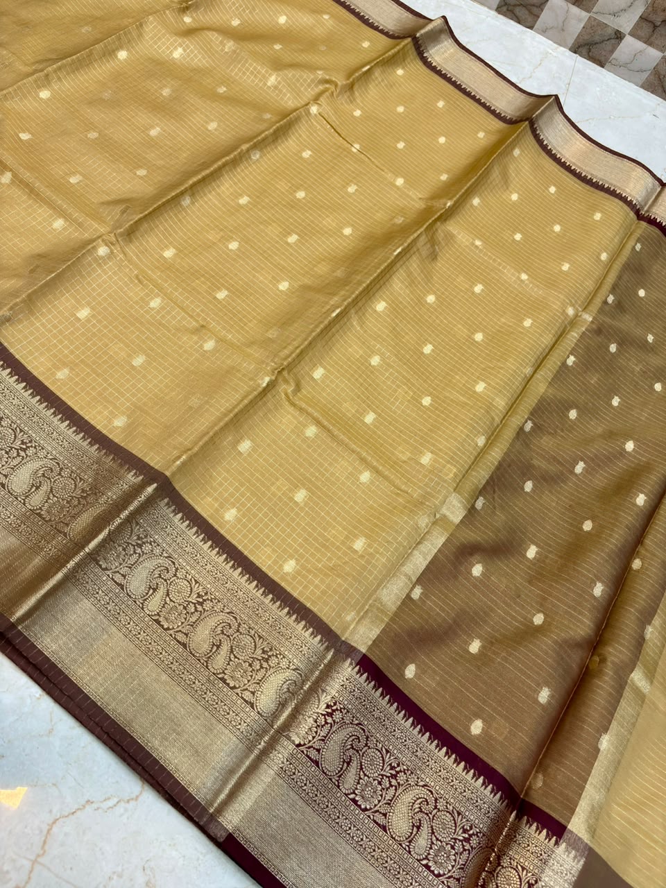 Elegant Golden Banarasi Katan Semi Silk Saree with Rich Zari Border | Traditional Wedding Wear