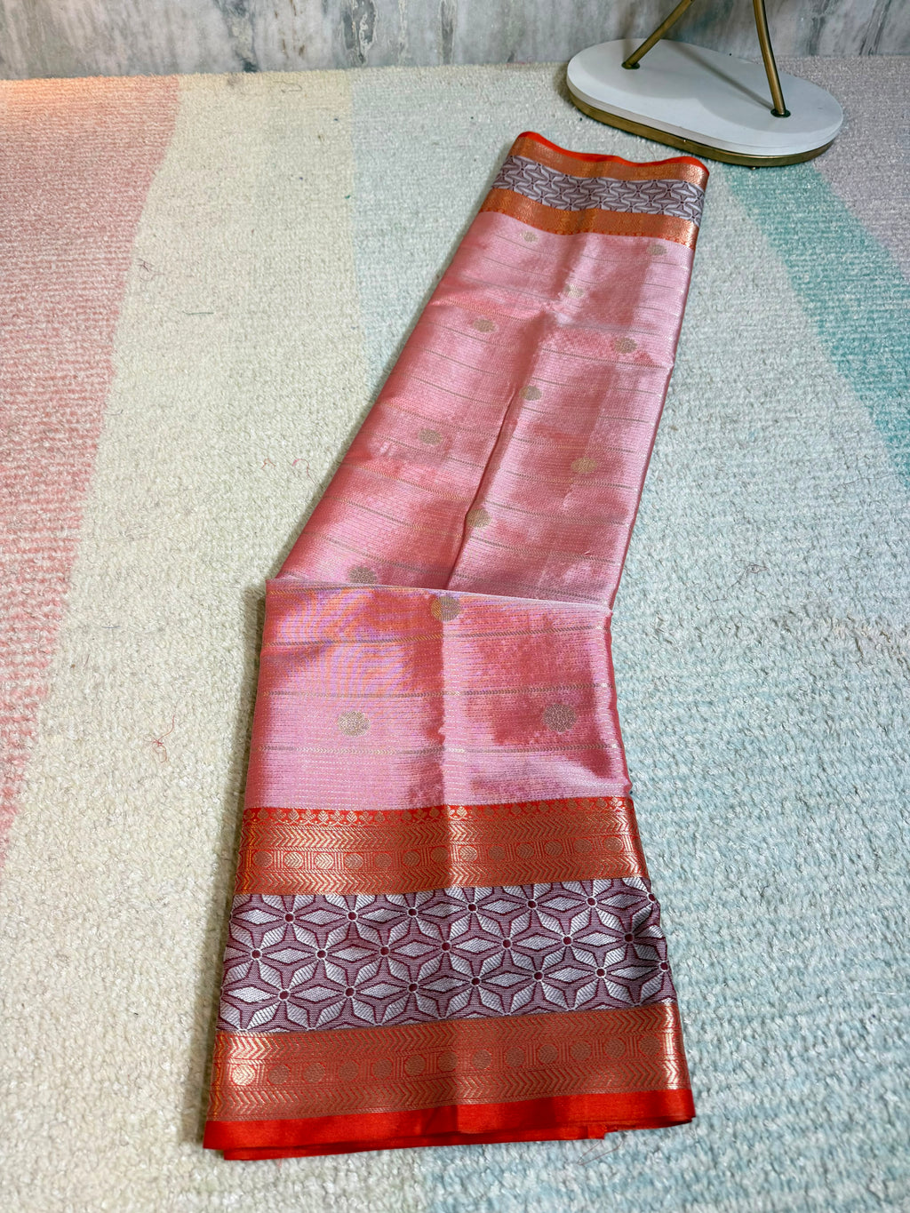 Elegant Peach Banarasi Katan Silk Saree with Copper-Golden Zari & Geometric Border