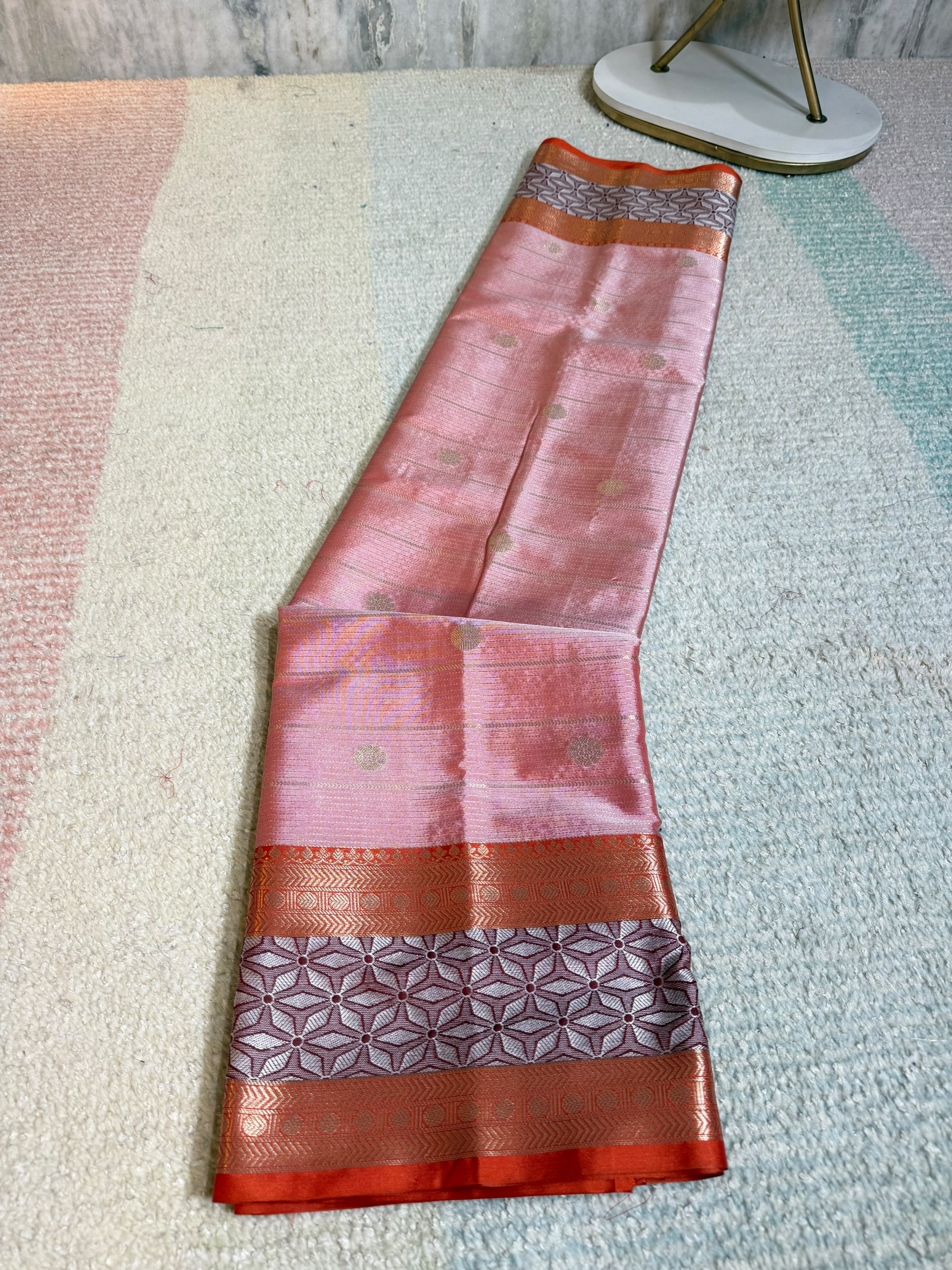 Elegant Peach Banarasi Katan Silk Saree with Copper-Golden Zari & Geometric Border