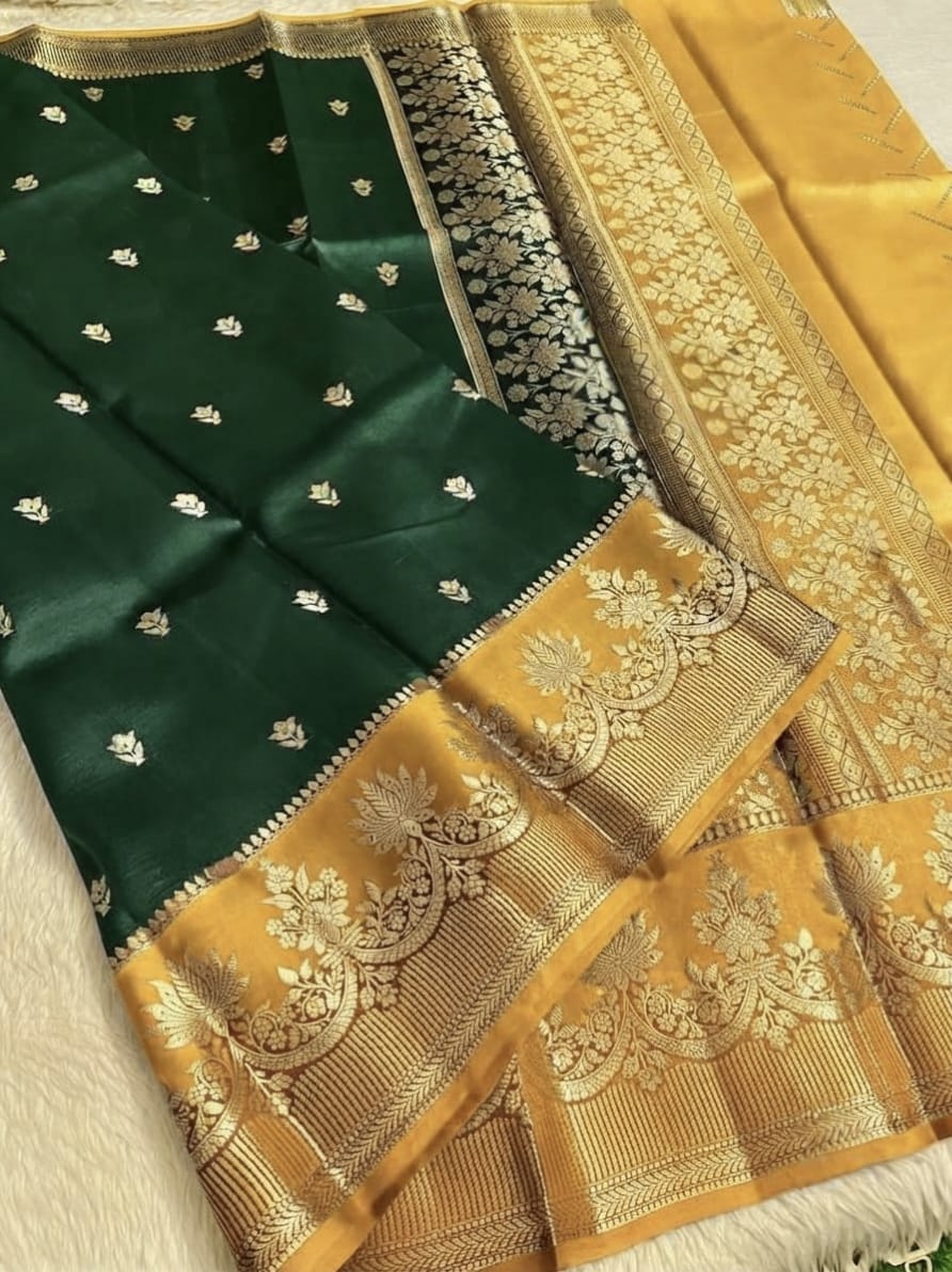 Elegant Green Banarasi Semi Silk Saree with Rich Golden Zari Border