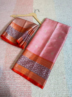 Elegant Peach Banarasi Katan Silk Saree with Copper-Golden Zari & Geometric Border
