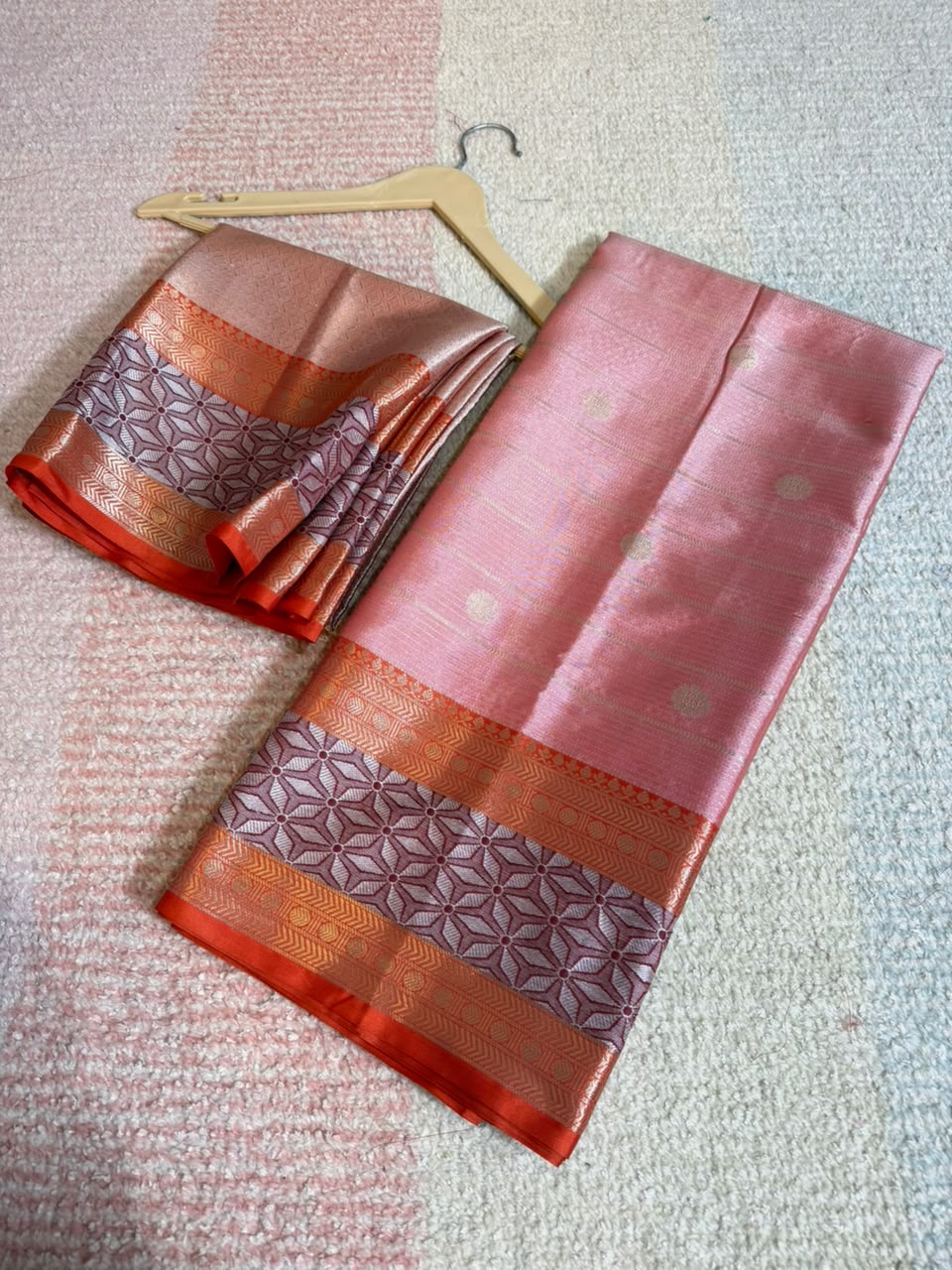 Elegant Peach Banarasi Katan Silk Saree with Copper-Golden Zari & Geometric Border