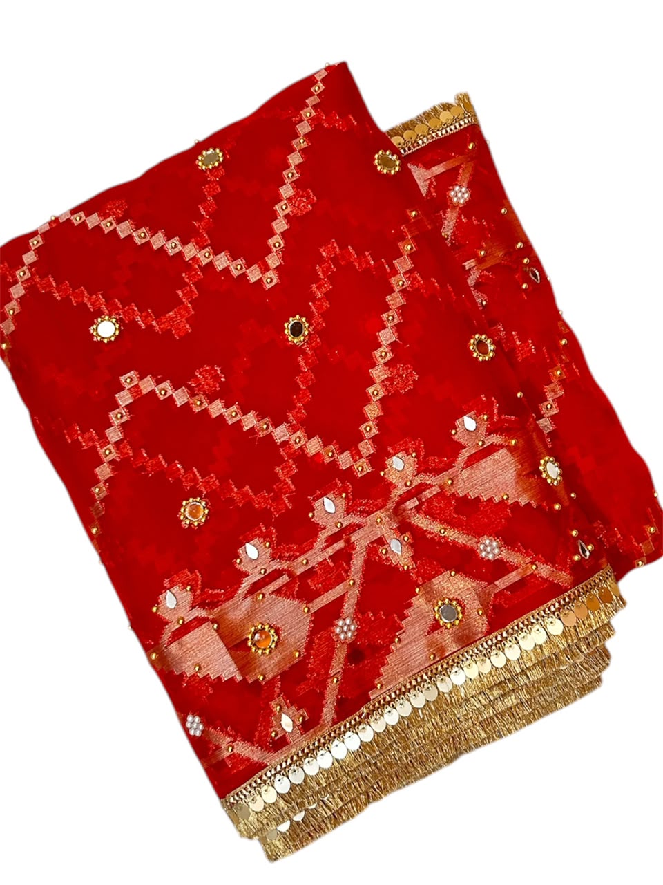 Elegant Red Banarasi Semi Silk Saree with All-Over Mirror Work & Premium Lace Border