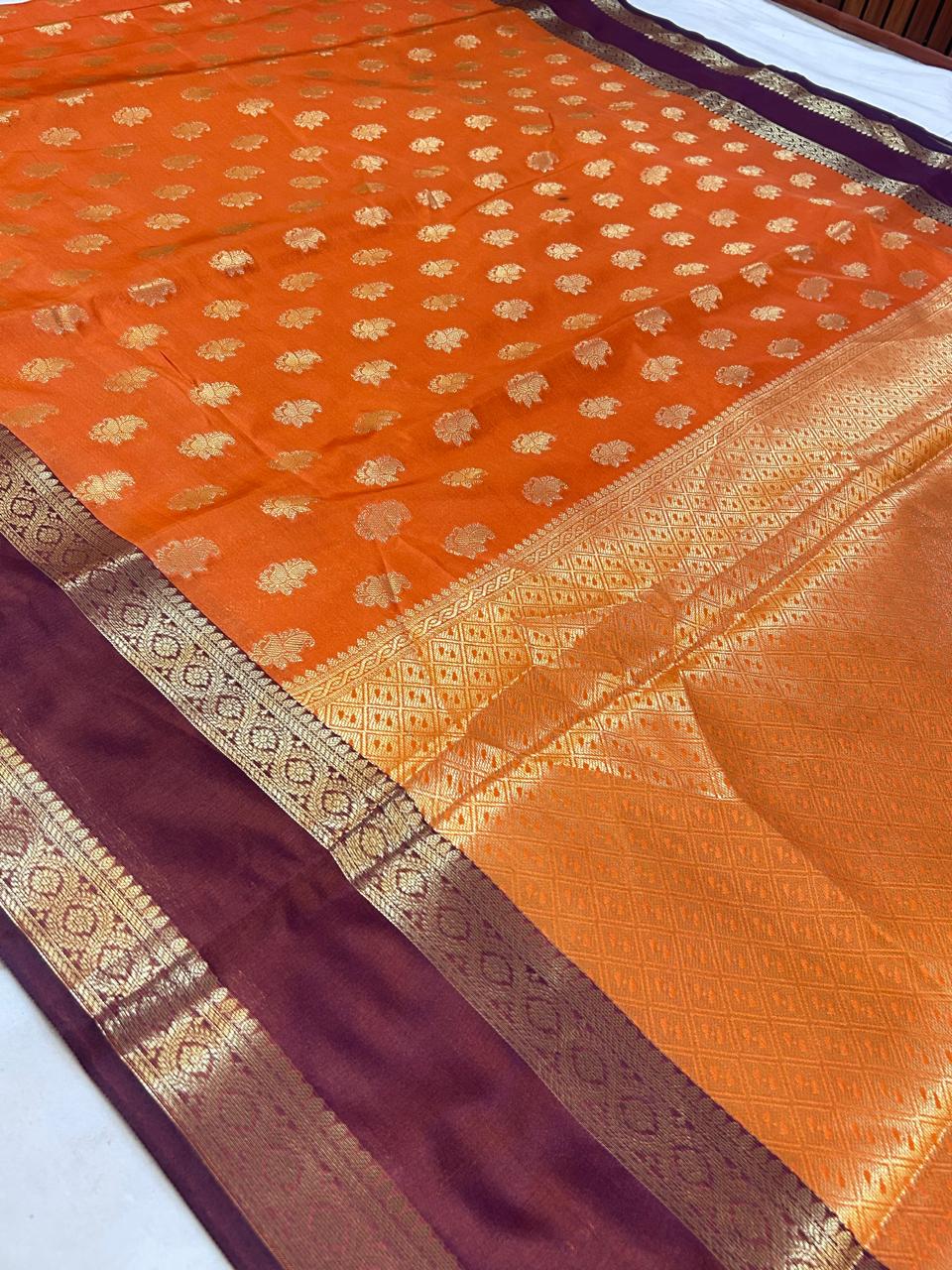 Royal Orange Banarasi Katan Silk Saree with Wine Purple Zari Border
