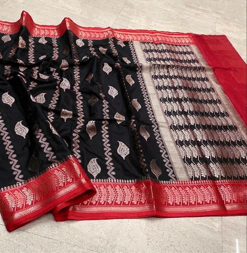 Elegant Black & Red Banarasi Semi Cotton Silk Saree | Traditional Woven Party Wear Saree