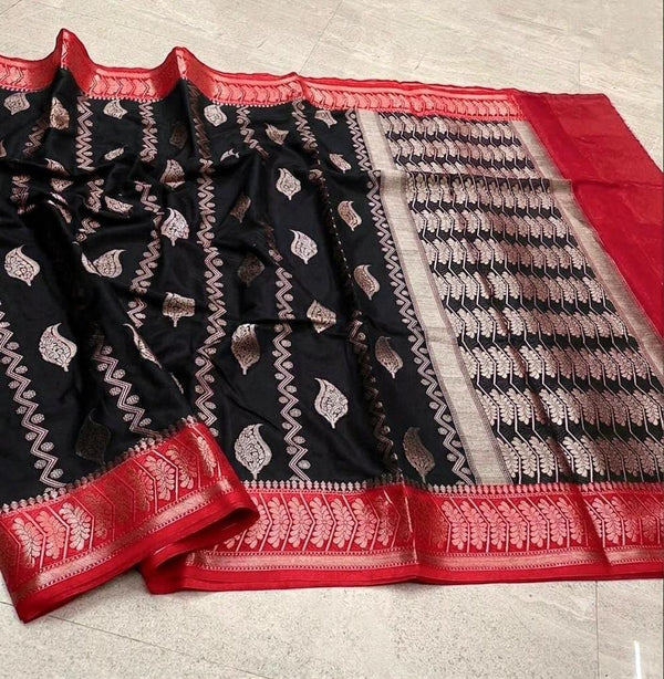 Elegant Black & Red Banarasi Semi Cotton Silk Saree | Traditional Woven Party Wear Saree