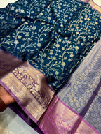The Elegant Royal Teal Banarasi Katan Silk Saree with Rich Lavender Zari Borde