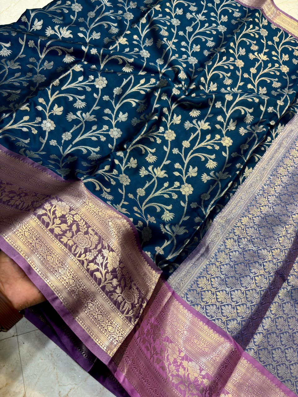 The Elegant Royal Teal Banarasi Katan Silk Saree with Rich Lavender Zari Borde
