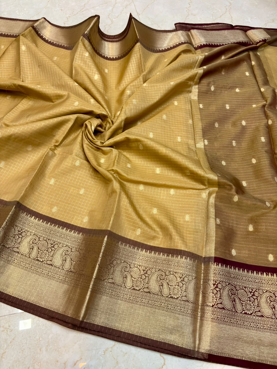 Elegant Golden Banarasi Katan Semi Silk Saree with Rich Zari Border | Traditional Wedding Wear