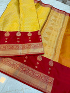 Royal Mustard Yellow & Ruby Red Banarasi Katan Silk Saree with Rich Gold Zari Weaving