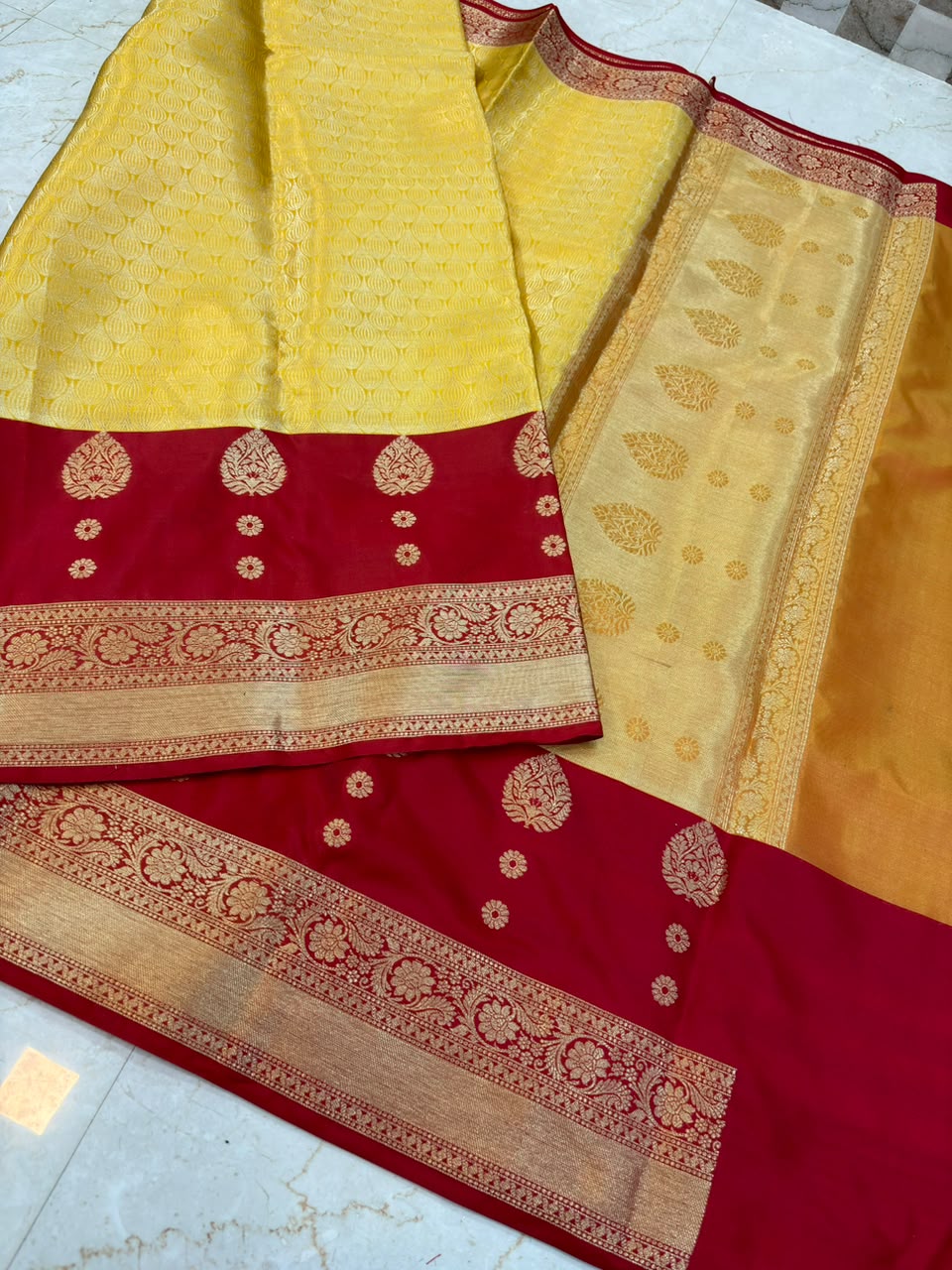 Royal Mustard Yellow & Ruby Red Banarasi Katan Silk Saree with Rich Gold Zari Weaving