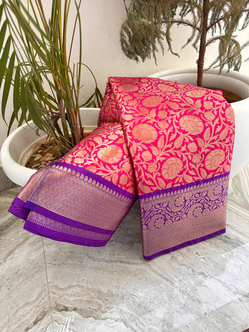 Royal Rani Pink & Purple Banarasi Katan Silk Saree | Premium Woven Zari Floral Design | Wedding & Festive Wear
