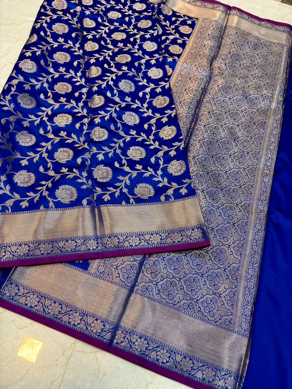 Royal Blue Banarasi Katan Semi Silk Saree with Rich Silver Zari Floral Jaal Weaving