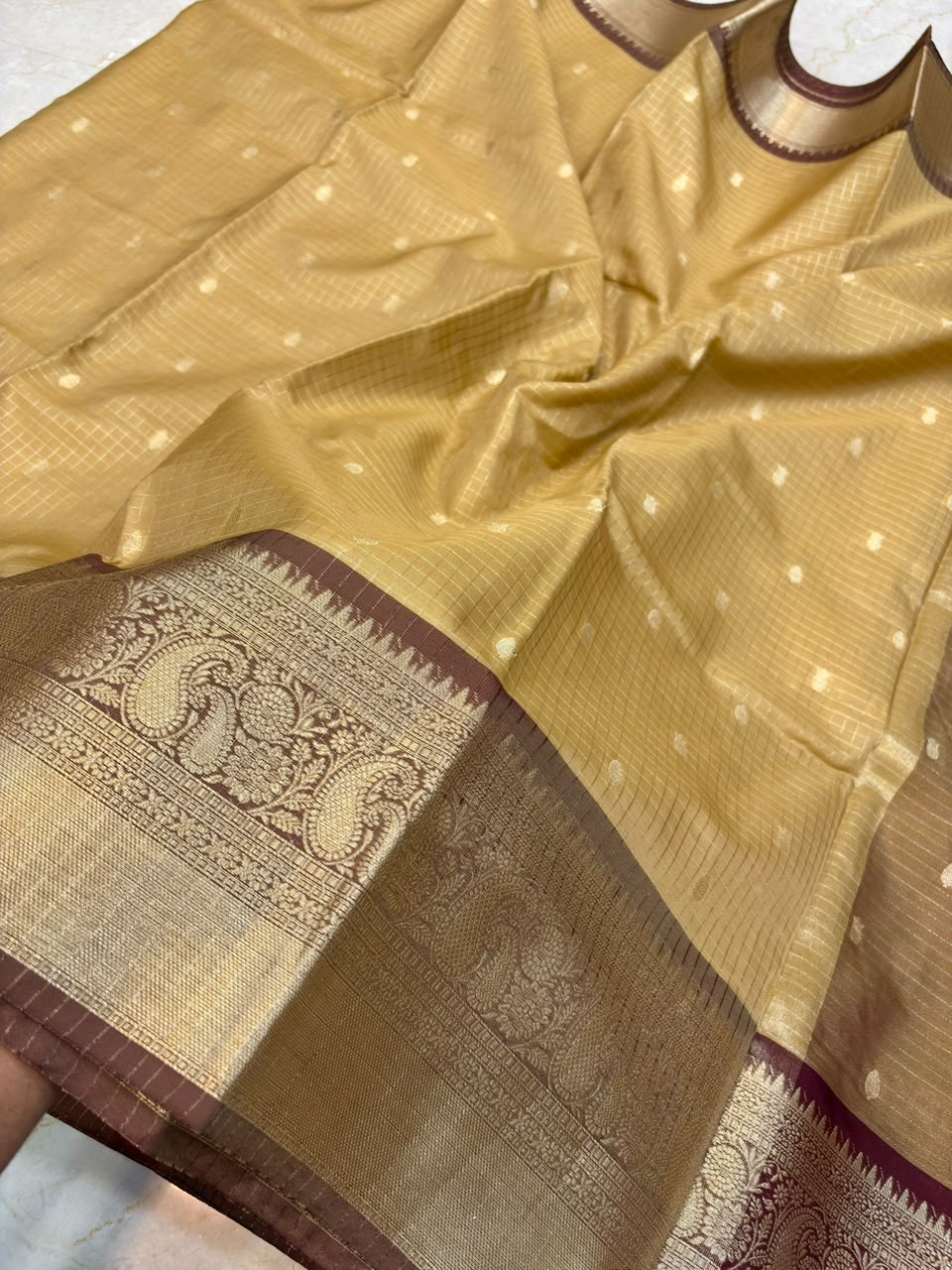 Elegant Golden Banarasi Katan Semi Silk Saree with Rich Zari Border | Traditional Wedding Wear