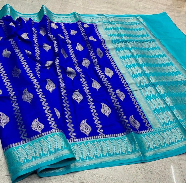 Royal Blue & Aqua Blue Banarasi Semi Cotton Silk Saree | Traditional Woven Party Wear Saree