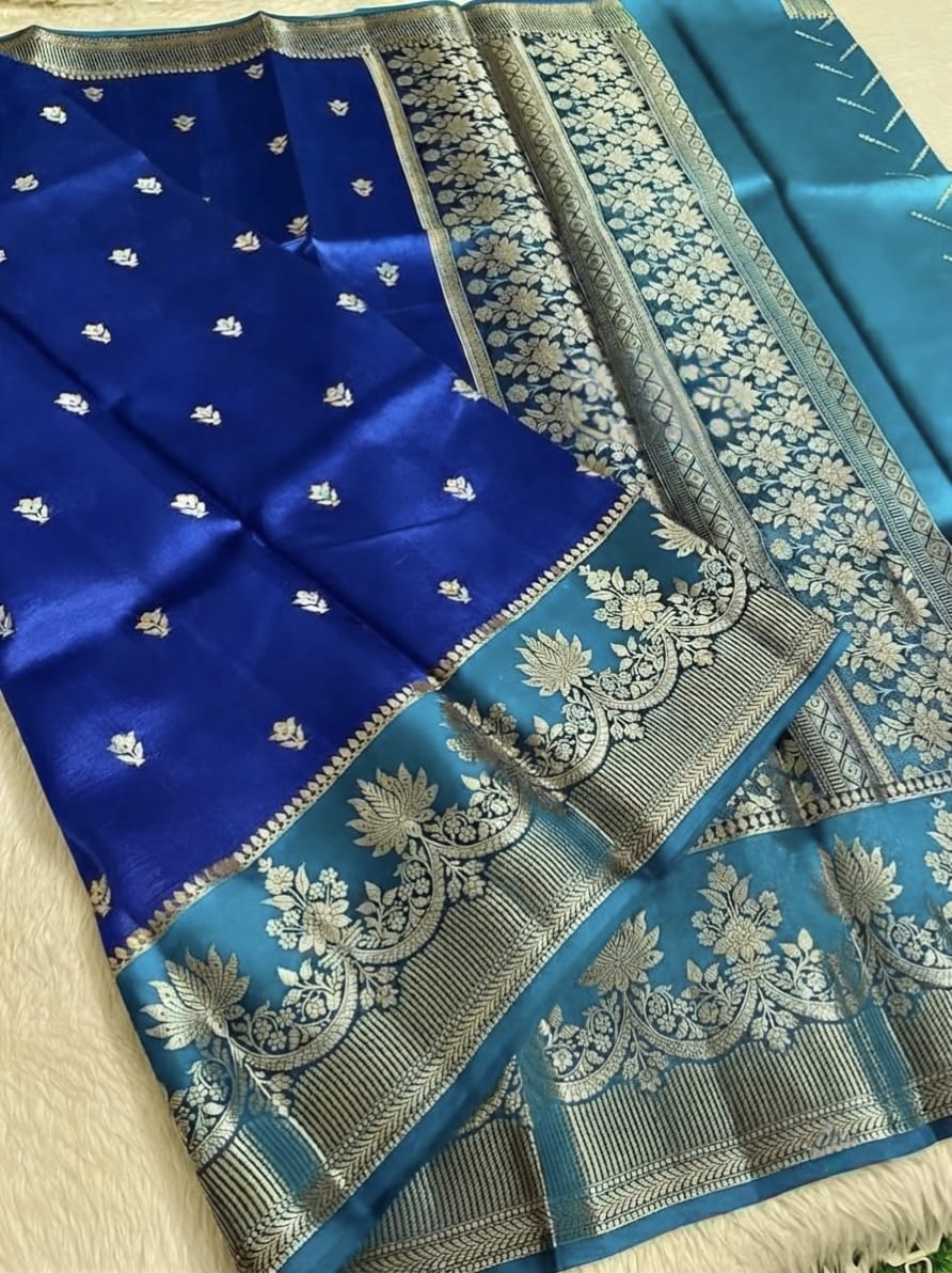 Royal Blue & Sky Blue Banarasi Semi Silk Saree with Rich Floral Zari Border