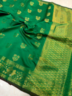 Elegant Emerald Green Banarasi Katan Saree with Rich Zari Border