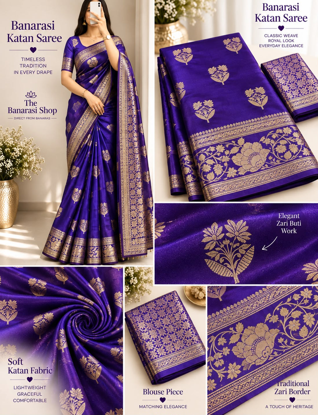 Elegant Royal Blue Banarasi Katan Saree with Rich Zari Weave