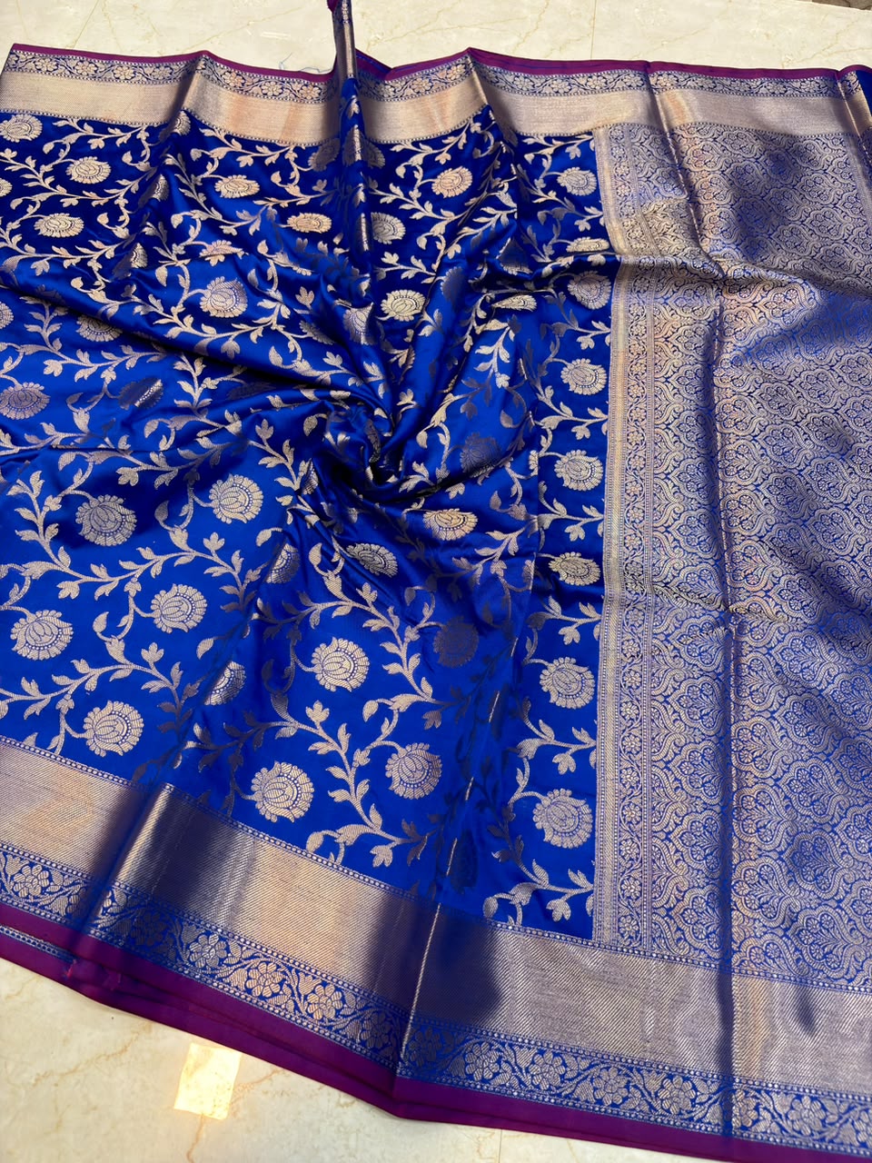 Royal Blue Banarasi Katan Semi Silk Saree with Rich Silver Zari Floral Jaal Weaving