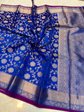 Royal Blue Banarasi Katan Semi Silk Saree with Rich Silver Zari Floral Jaal Weaving