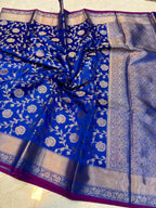 Royal Blue Banarasi Katan Semi Silk Saree with Rich Silver Zari Floral Jaal Weaving